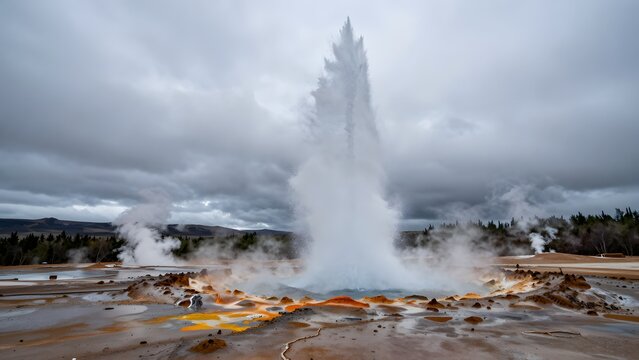 18. A dramatic photorealistic image of a powerful geyser erupting in Iceland, jet of superheated water and steam shooting tens of meters into the sky against a dramatic cloudy background, the surround