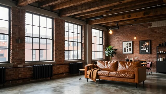 44. A stunning photorealistic industrial loft apartment interior with exposed brick walls, original wooden ceiling beams, polished concrete floors, and large black-framed factory windows, comfortable