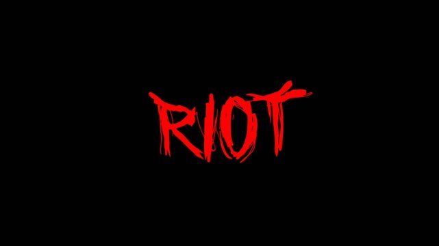 Vibrant red Riot text animation in hand drawn brush on solid black background, creating a raw, energetic and rebellious visual impact.