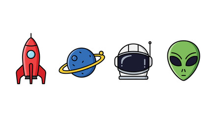 Cartoon illustration of a rocket planet astronaut helmet and alien © Silpi