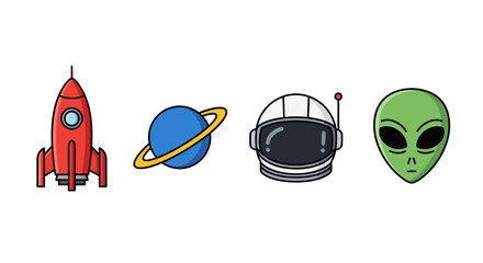 Cartoon icons depict space exploration with a rocket planet astronaut and alien © Silpi