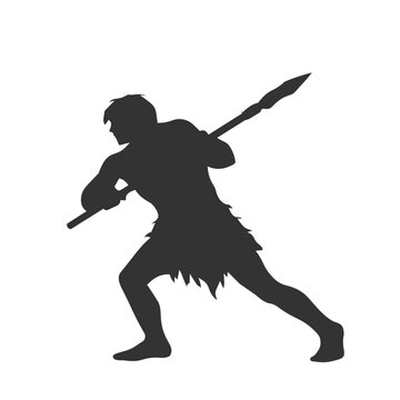 Silhouette of a primitive man or caveman holding a spear in a hunting stance.