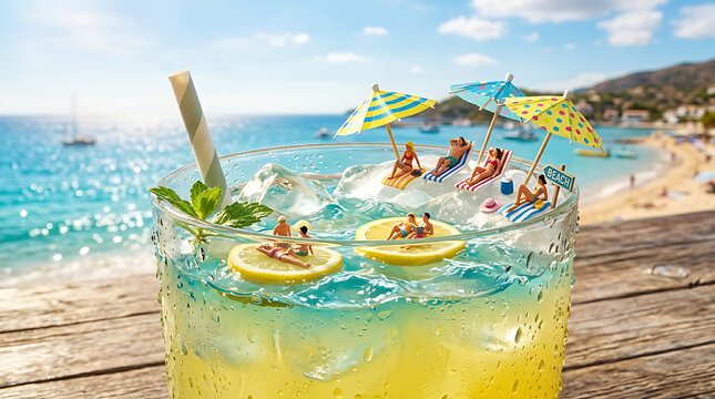 Miniature holidaymakers lounging on lemon islands in a refreshing summer drink by a vibrant beach