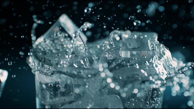 Refreshing Ice Cubes Splashing into a Glass of Water.
