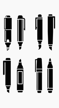 Set of Black Marker Pens and Highlighters Icons, Vector Illustration