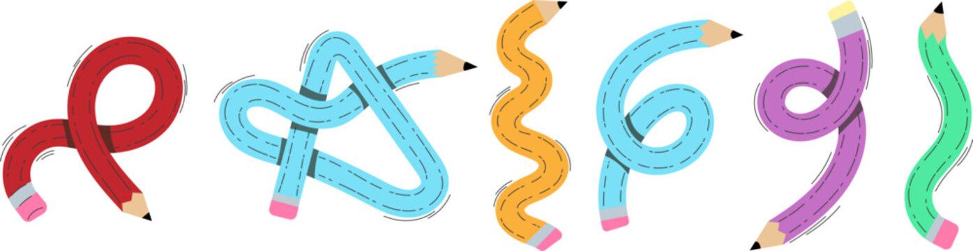 Vector illustration set of cartoon flexible pencils in various bent and twisted shapes. Vibrant colors including red, blue, yellow, purple, and green. Perfect for creative projects, educational materi