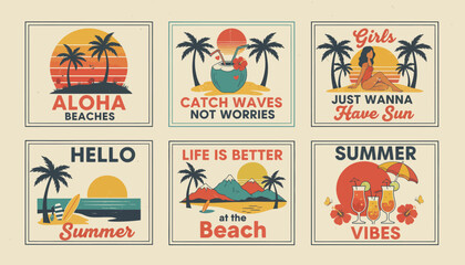 A vibrant summer beach scene with colorful illustrations of palm trees, sunsets, and girls enjoying life's carefree moments by the ocean waves. © jason