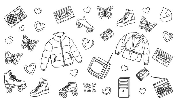 Scattered Y2K Retro Doodle Set with 90s Fashion Tech and Girly Nostalgia Objects Vector Clipart Illustration