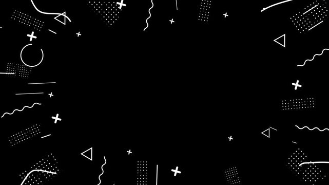 Minimal Black Background With White Outline Geometric Memphis Shapes Animation. Circles, Crosses, And Abstract Curves In A Simple Modern Design. Copy space 