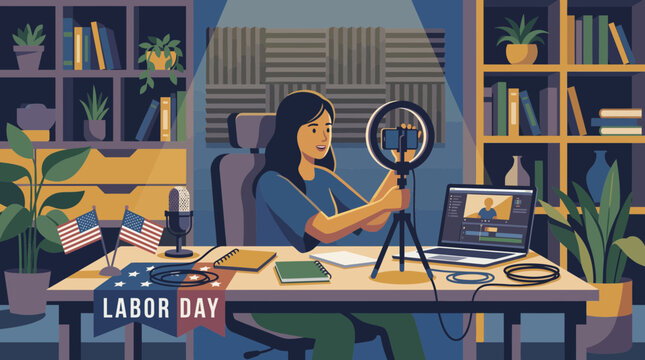 Woman vlogger recording video for Labor Day in home studio