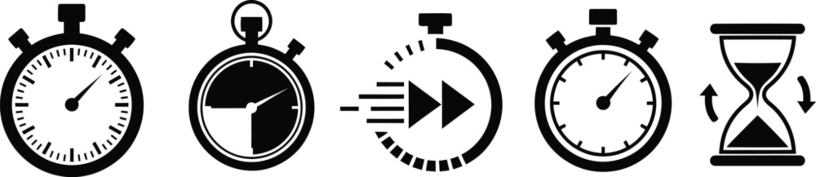 Five black minimalist time and stopwatch icons set on white background with circular