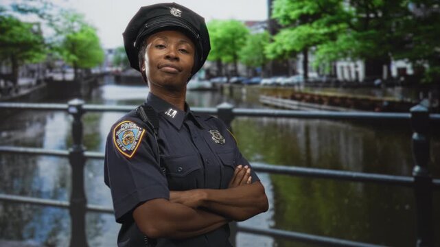 Young african american woman police officer arms crossed showing badge standing by canal railing on street; pride duty.