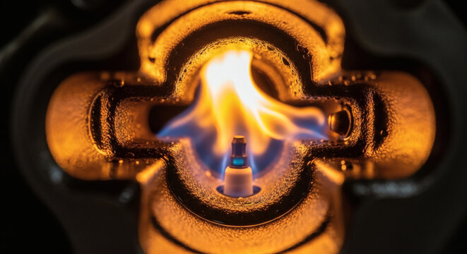 Top-down view of a rotary engine combustion chamber with a central flame. Geometric mechanical design showing internal heat and power generation.