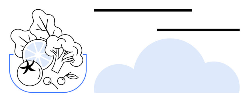 Healthy eating, cloud storage, eco-consciousness, sustainable practices, data integration, organic lifestyle. Fresh vegetables in a bowl and a cloud graphic. Healthy eating and cloud storage