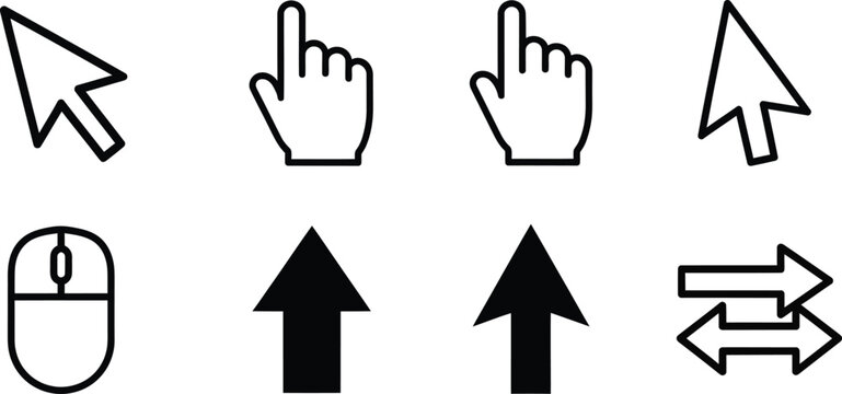 Set of simple black minimal computer cursor and mouse icons on white background