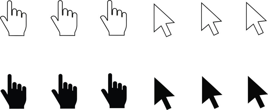 Rows of simple black minimal hand and arrow cursor icons on white background