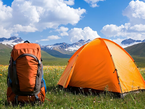  bright orange tent and backpack sit in a grassy meadow with wildflowers, under a blue sky with clouds and mountain peaks in the background.