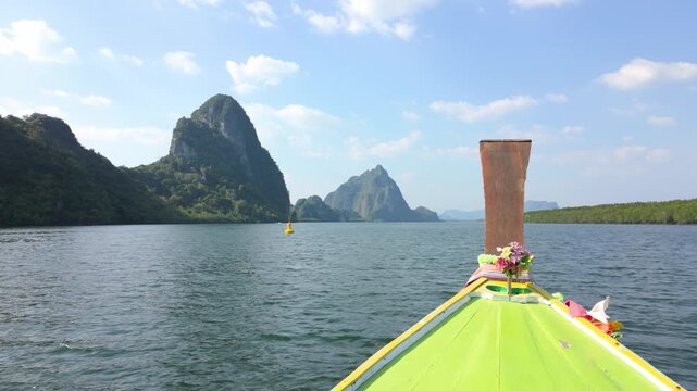boat navigating through calm waters surrounded by majestic mountains under a clear sky, A serene landscape featuring  travel brochures, nature articles, or adventure tourism promotions