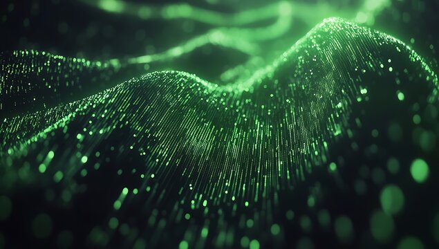 Green digital data stream with flowing binary code and glowing particles