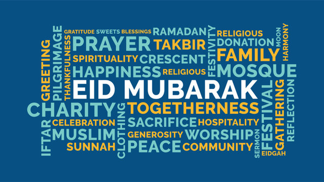 Eid Mubarak Word Cloud Design for Poster, Greeting Card, Banner. Eid Mubarak bold blue gold typography