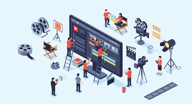Production team working together on large digital screen to edit video content using professional software and tools.