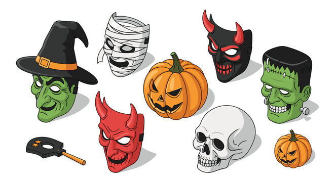Halloween character masks collection featuring witch mummy pumpkin devil frankenstein and skull for holiday celebration.