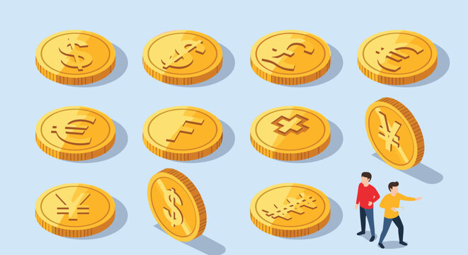 Diverse set of golden coins representing international currencies including dollar euro pound yen and franc for finance.