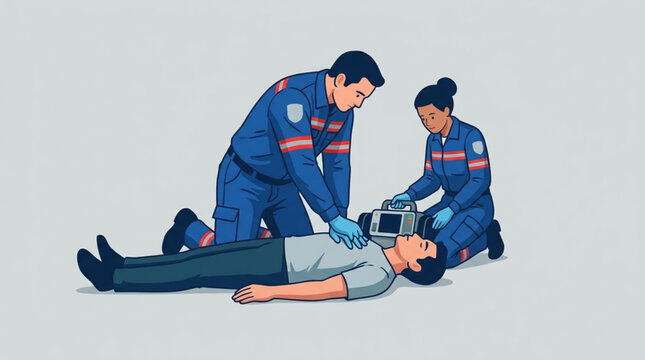 Illustration of two paramedics providing emergency care to a patient on the ground with a neutral background