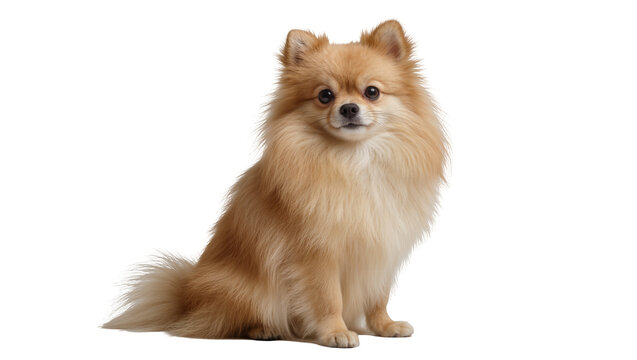 Isolated fluffy orange-brown Pomeranian dog sitting alertly and looking directly at camera