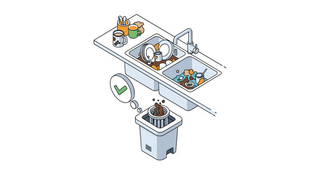 Kitchen sink area overflowing with dirty dishes and food waste being processed by under sink garbage disposal unit.