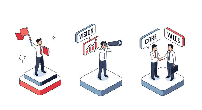 Business leadership and strategic planning concepts showing vision core values and achieving success with isometric professionals.