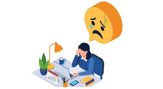 Overworked female employee sitting at office desk feeling stressed and exhausted while facing difficult tasks and burnout.