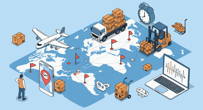 Global logistics and supply chain management concept with international delivery transportation and package tracking on a world map.