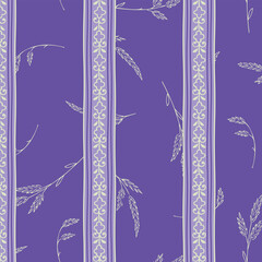 Vintage-style vertical stripe seamless pattern with elegant botanical motifs on purple background for textile print for fabric, seamless pattern for wallpaper, classic decor, and surface design © motifs_20