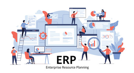 Obraz premium Enterprise resource planning concept illustrates business management software with people managing various digital data modules.