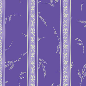 Vintage-style vertical stripe seamless pattern with elegant botanical motifs on purple background for textile print for fabric, seamless pattern for wallpaper, classic decor, and surface design