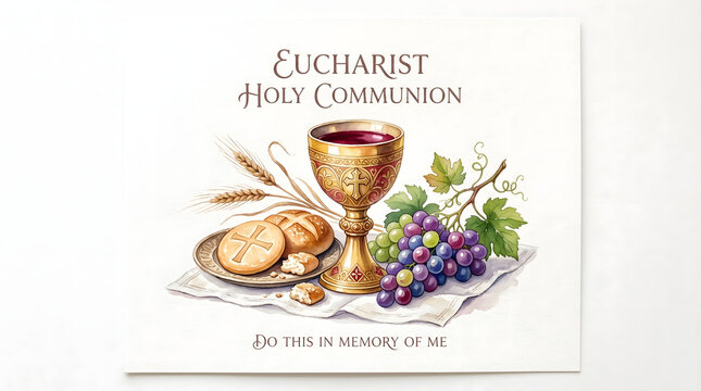 Eucharistic elements including a chalice, grapes, wheat, and bread