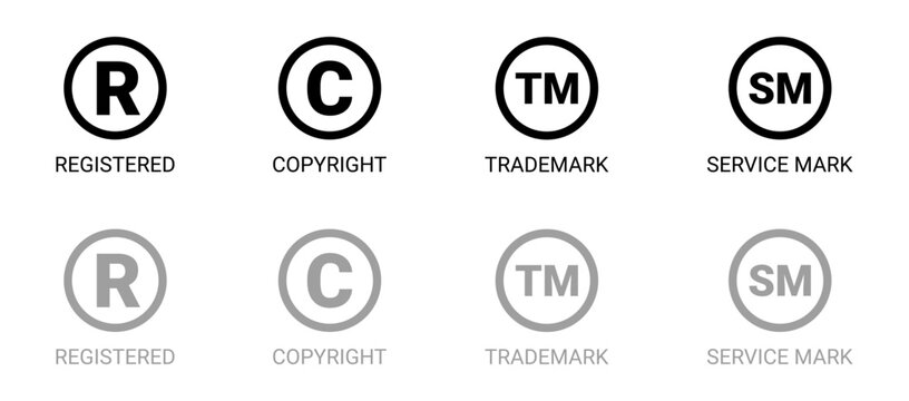Outline Trademark symbols set illustrates registered, copyright, trademark, and service mark icons in solid and outline styles on a white background.