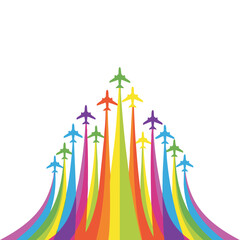 Colorful airplanes forming rainbow trajectory concept © archizz