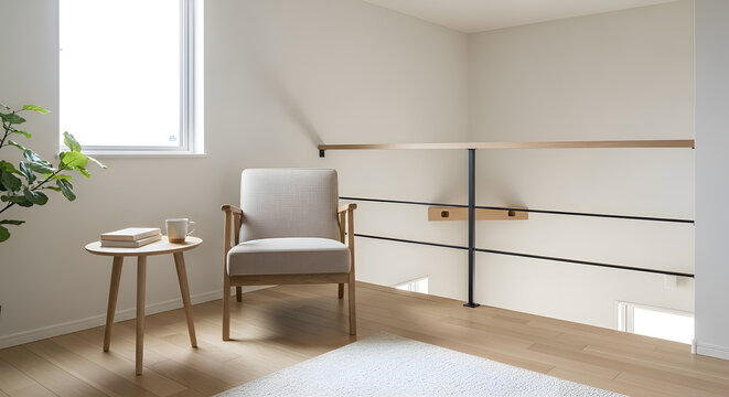 Modern armchair and round side table on a landing overlooking downstairs with natural light in minimalist interior design