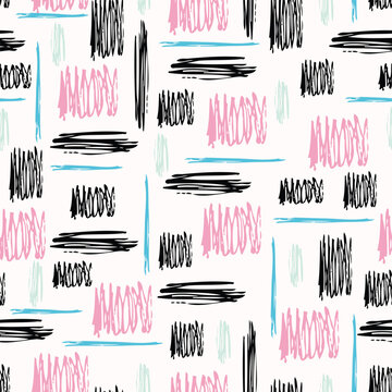 Playful abstract scribble pattern with hand-drawn brush marks in pastel and black on cream background