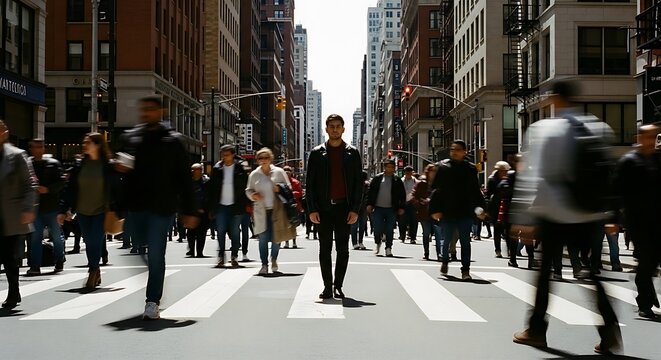 Focused man standing still in the middle of a busy city crosswalk traffic