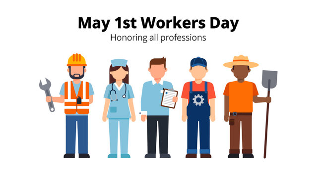 May 1st Workers Day vector illustration honoring all professions with diverse people representing different jobs