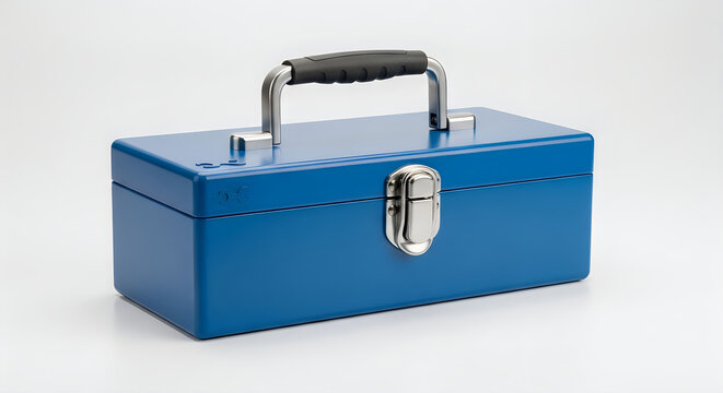 Blue metal toolbox with sturdy handle and secure latch for organization and storage