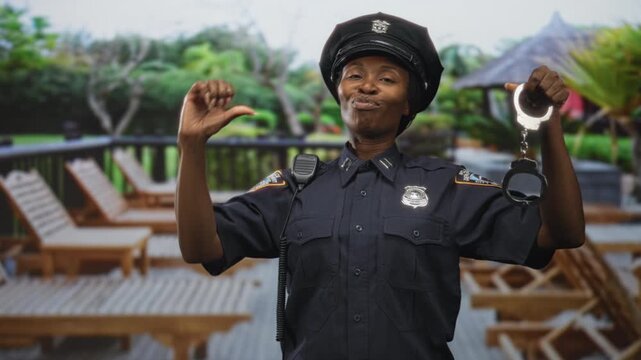 Young african american woman police officer holds up handcuffs, thumb pointing to herself while standing on a wooden pool deck with loungers near a building; pride duty.