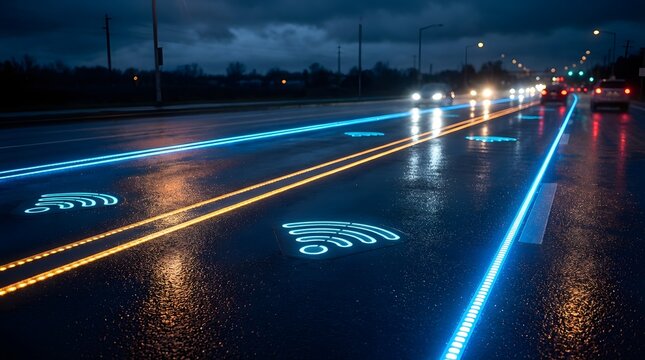 Innovative glowing blue and orange smart lane markers illuminate a wet futuristic road at night, featuring integrated Wi-Fi connectivity symbols.