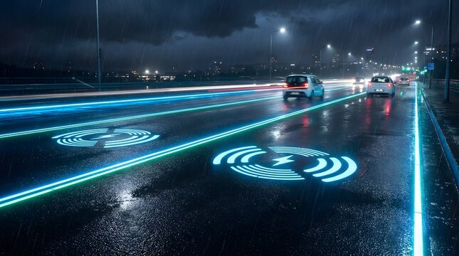Futuristic highway at night features electric vehicles driving on wet asphalt, illuminated by glowing wireless charging lanes.
