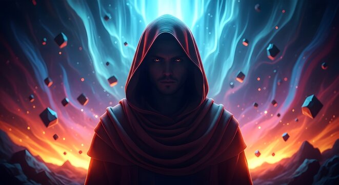 Mysterious cloaked figure with glowing eyes emerges from a cosmic tempest of vibrant energies and floating rocks, embodying ancient arcane power