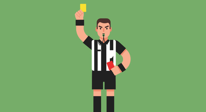 Football Referee Showing Yellow and Red Cards in Green Field