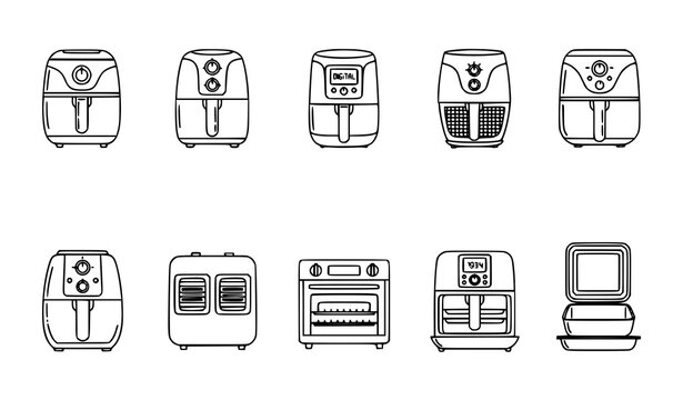 Air fryer line icon set with kitchen appliance outline vector illustration for cooking and food design isolated on white background